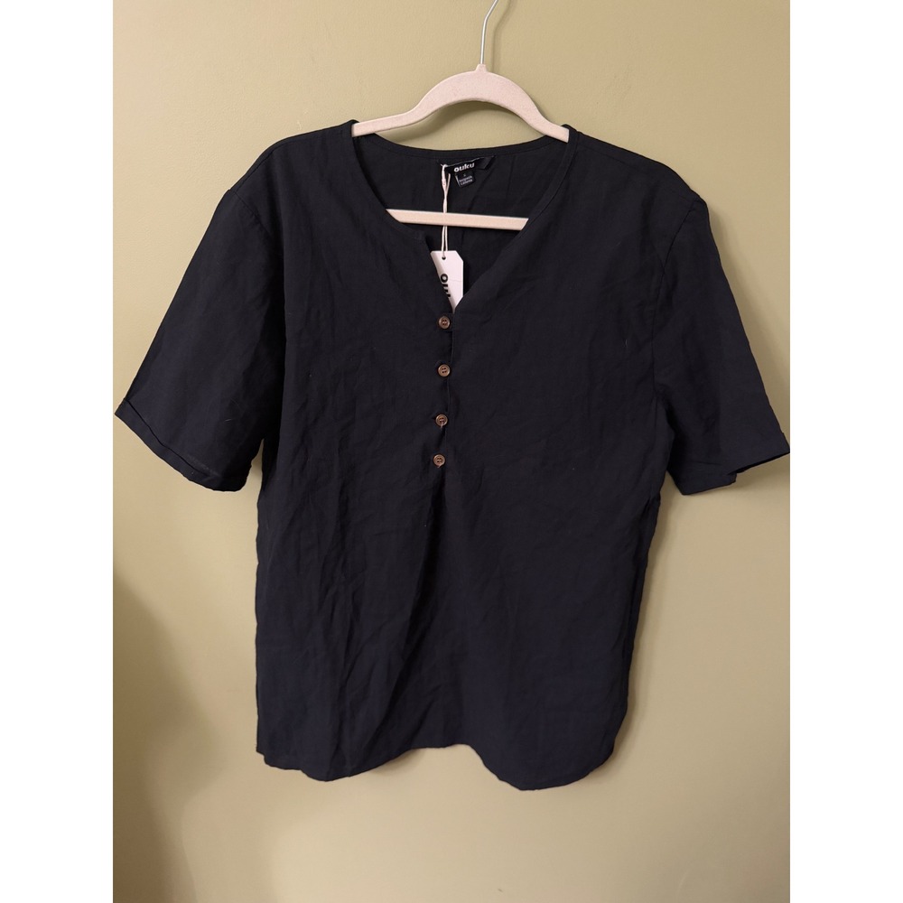 Ouku Mens Black Cotton Linen Blend Short Sleeve Henley Shirt Small NWT